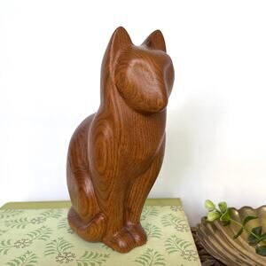 Vintage Hand Carved Minimalist Cat Figurine Wooden Sculpture Kitty Modern 7" H